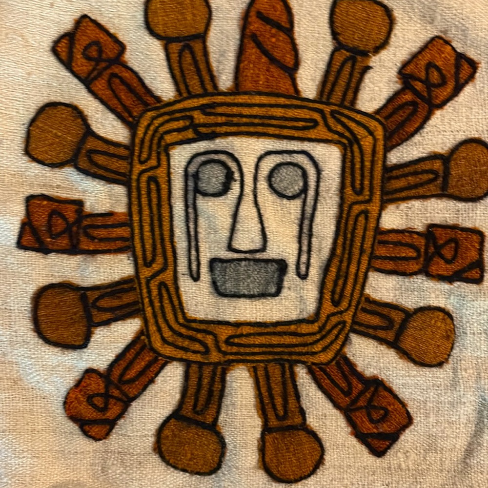 Vtg Handcrafted Sun Face Pillow Cover. From Bolivia. 14.5x14.5.